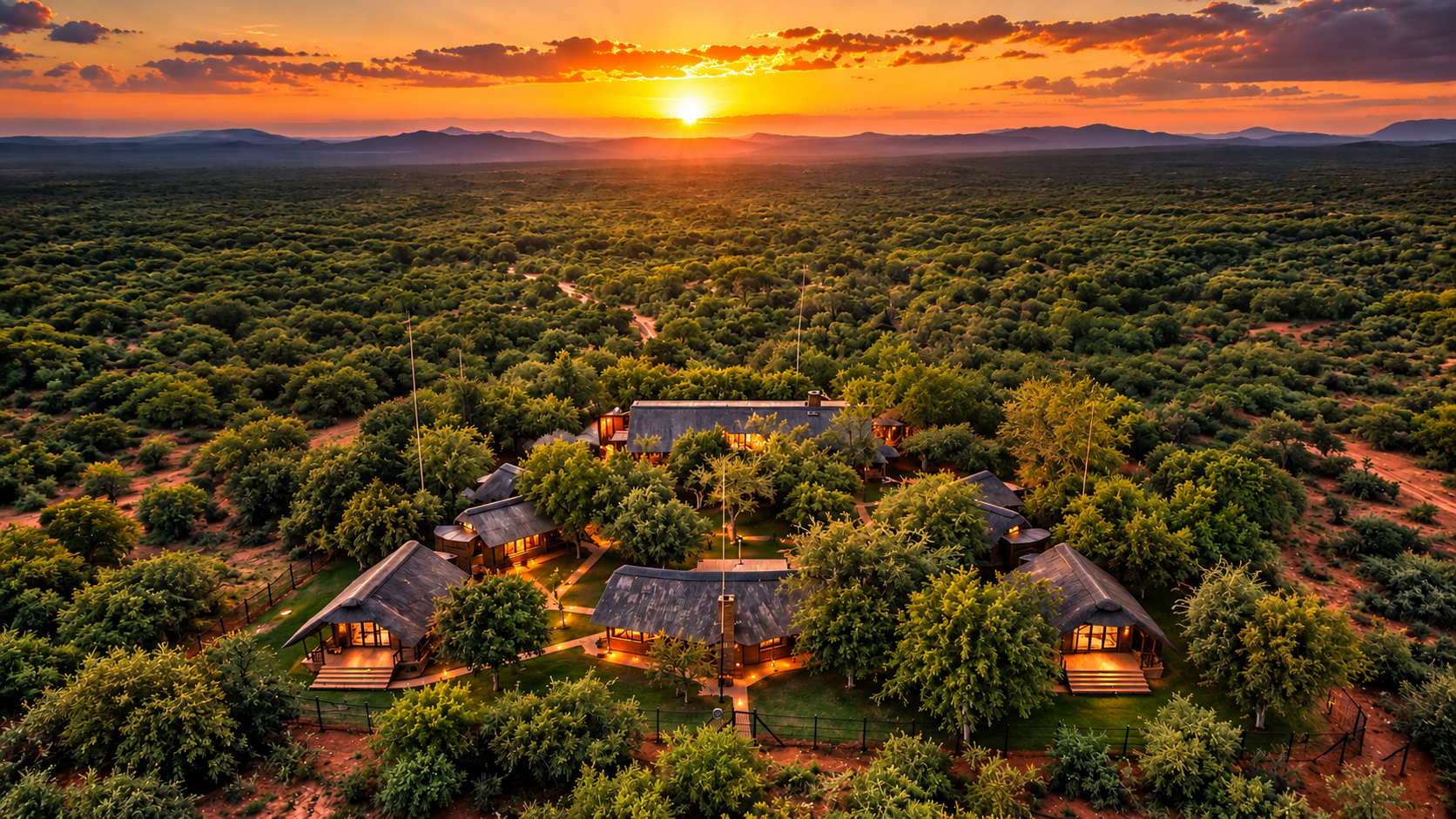 Aerial sunset view of Command Game Lodge surrounded by Limpopo bushveld